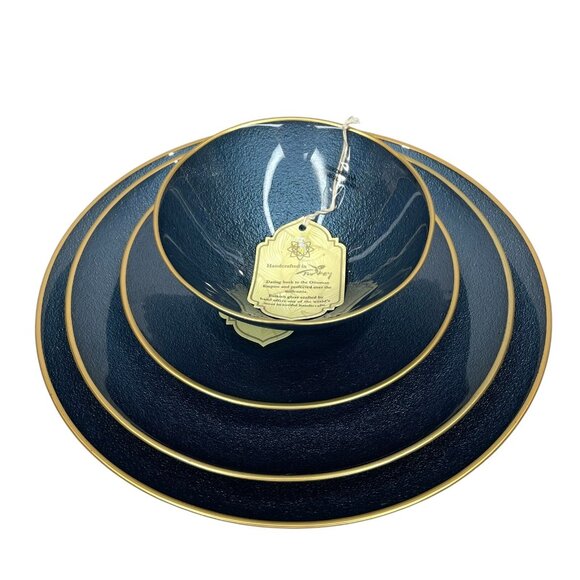 Turkish Glass 4 Charger Plates Set Blue Textured Gold Rim 13" NWT - Picture 3 of 11